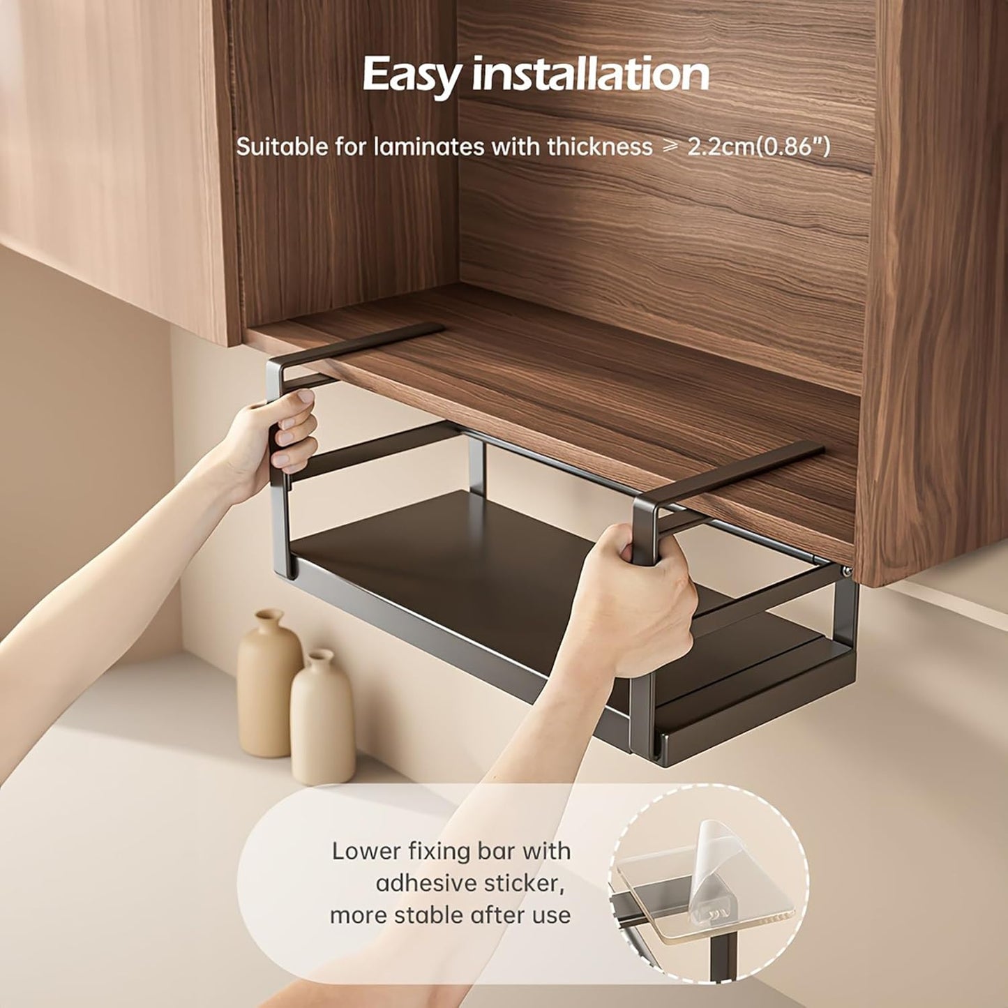 Hanging Under Shelf Storage Basket, Adjustable Width Under Cabinet Add-on Storage Racks, Heavy Duty Slide-in Baskets Organizer for Cabinet Pantry Kitchen, 1 Pack, 8.46"D x 10.6"W x 7.36"H