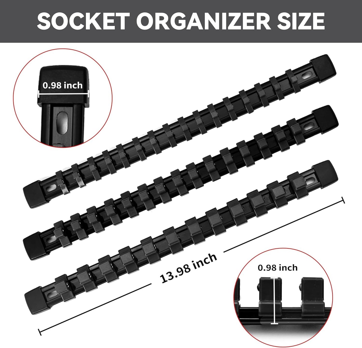 Socket Organizer Drive ABS Tools - Black Socket Holder, Premium Quality 18 Pieces Socket Holders Kit 1/4-Inch x 96 Clips, 3/8-Inch x 90 Clips, 1/2-Inch x 72 Clips（18PC,Black)