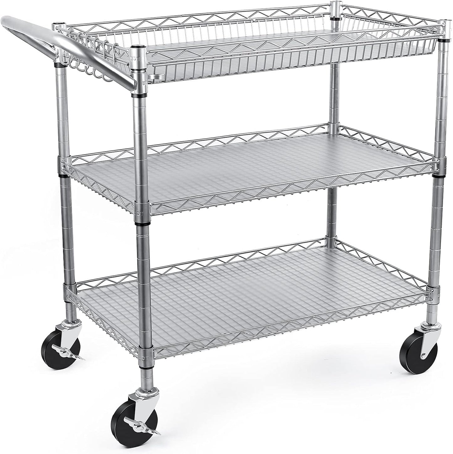 WDT Heavy Duty 3 Tier Utility Cart,990Lbs Capacity Wire Rolling Cart with Wheels, Commercial Grade Service Cart with Shelving Liners and Handle Bar Metal Carts for Kitchen Office Hardware, NSF Listed
