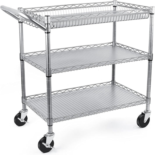 WDT Heavy Duty 3 Tier Utility Cart,990Lbs Capacity Wire Rolling Cart with Wheels, Commercial Grade Service Cart with Shelving Liners and Handle Bar Metal Carts for Kitchen Office Hardware, NSF Listed