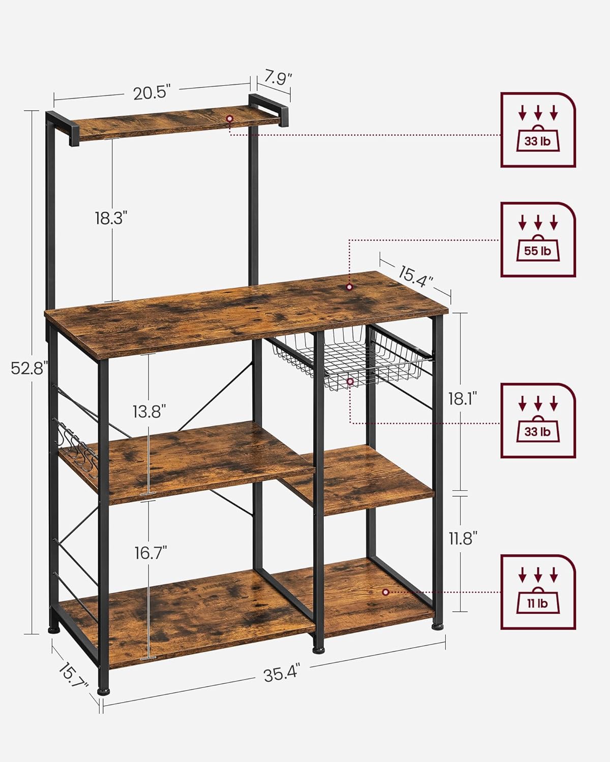 VASAGLE Baker's Rack, Microwave Stand, Kitchen Storage Rack with Wire Basket, 6 Hooks, and Shelves, for Spices, Pots, and Pans, Rustic Brown and Ink Black UKKS35X
