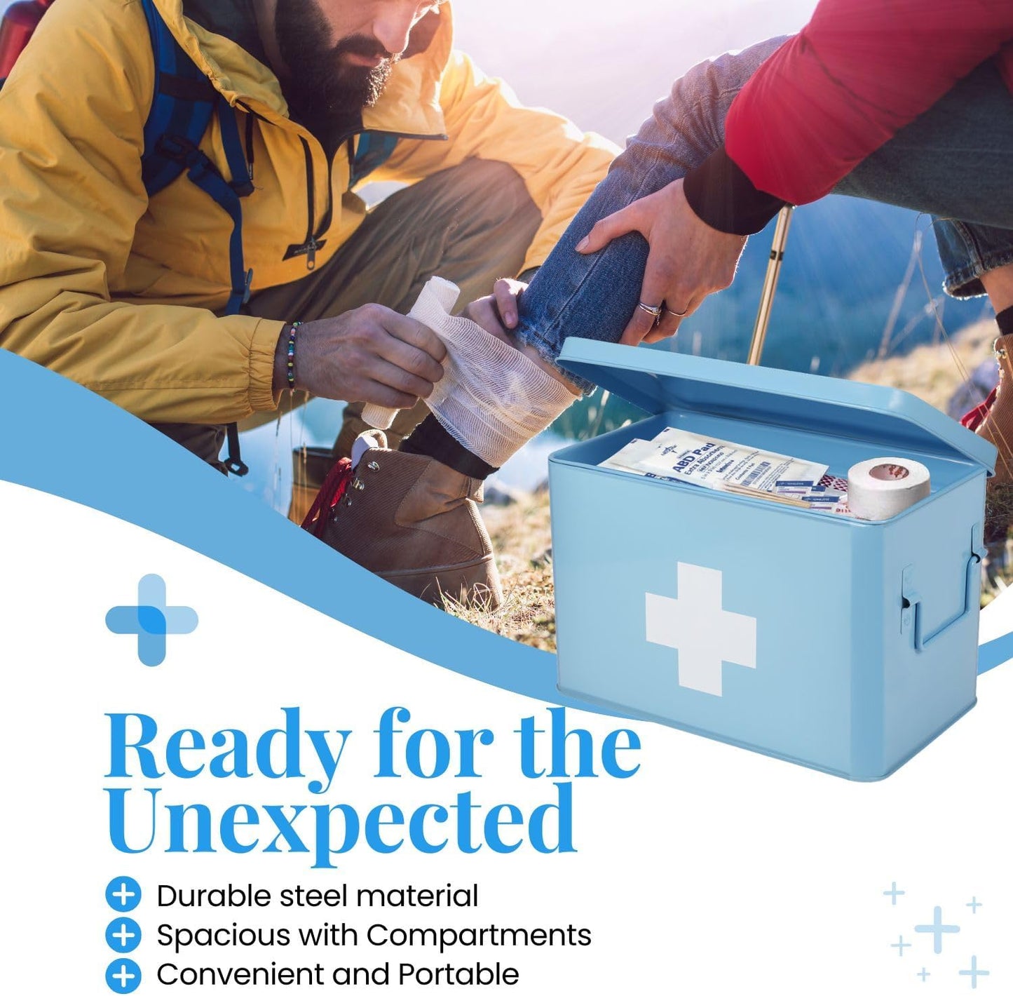 Flexzion First Aid Box Organizer Empty 13" Blue Vintage First Aid Kit Tin Metal Medical Box - First Aid Storage Box Container Bins with Dividers, Removable Tray and White Cross Logo