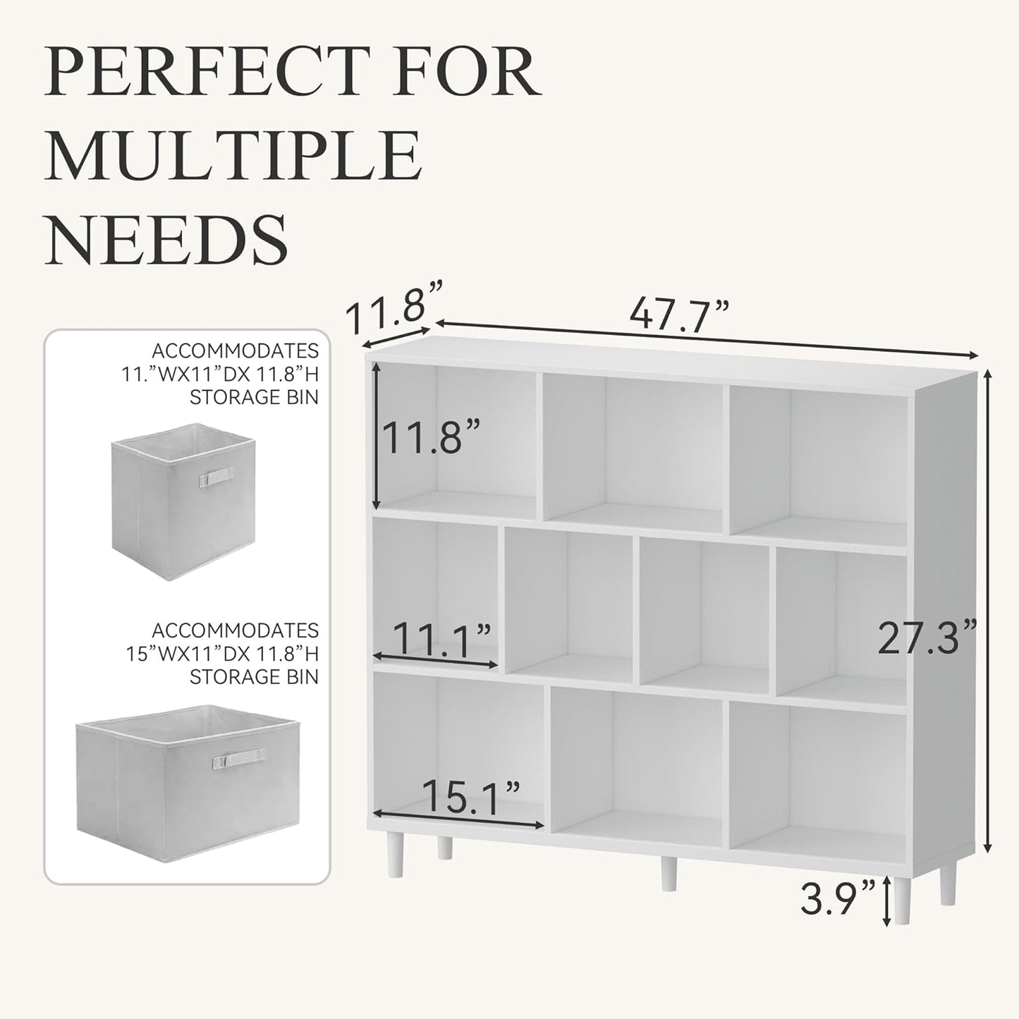 Wood Cube Storage Organizer White Bookshelf - 3-Tier Freestanding Storage Cabinet with Legs for Home Office, 10-Cubes Open Shelf