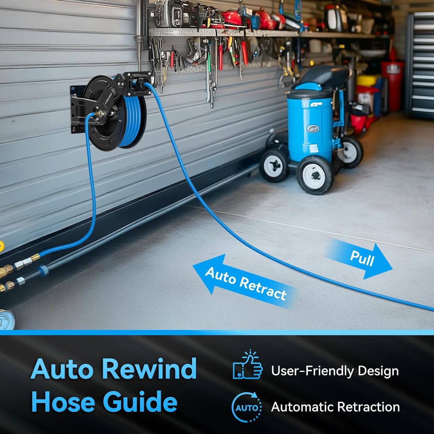 Retractable Air Hose Reel Dual Arms, 50 ft x 3/8 in Hybrid Air Hose Max 300PSI, Heavy Duty Air Compressor Hose Reel, Auto Rewind, Ceiling/Wall Mount for Garage, Workshop, Home Studio