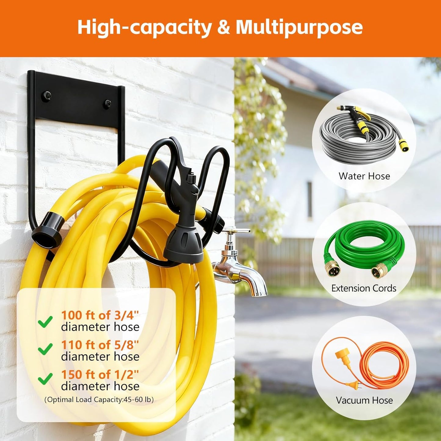 Garden Hose Holder Wall Mount, Multipurpose Outdoor Metal Hose Hanger Holders for Garden, Yard, Garage Accessories
