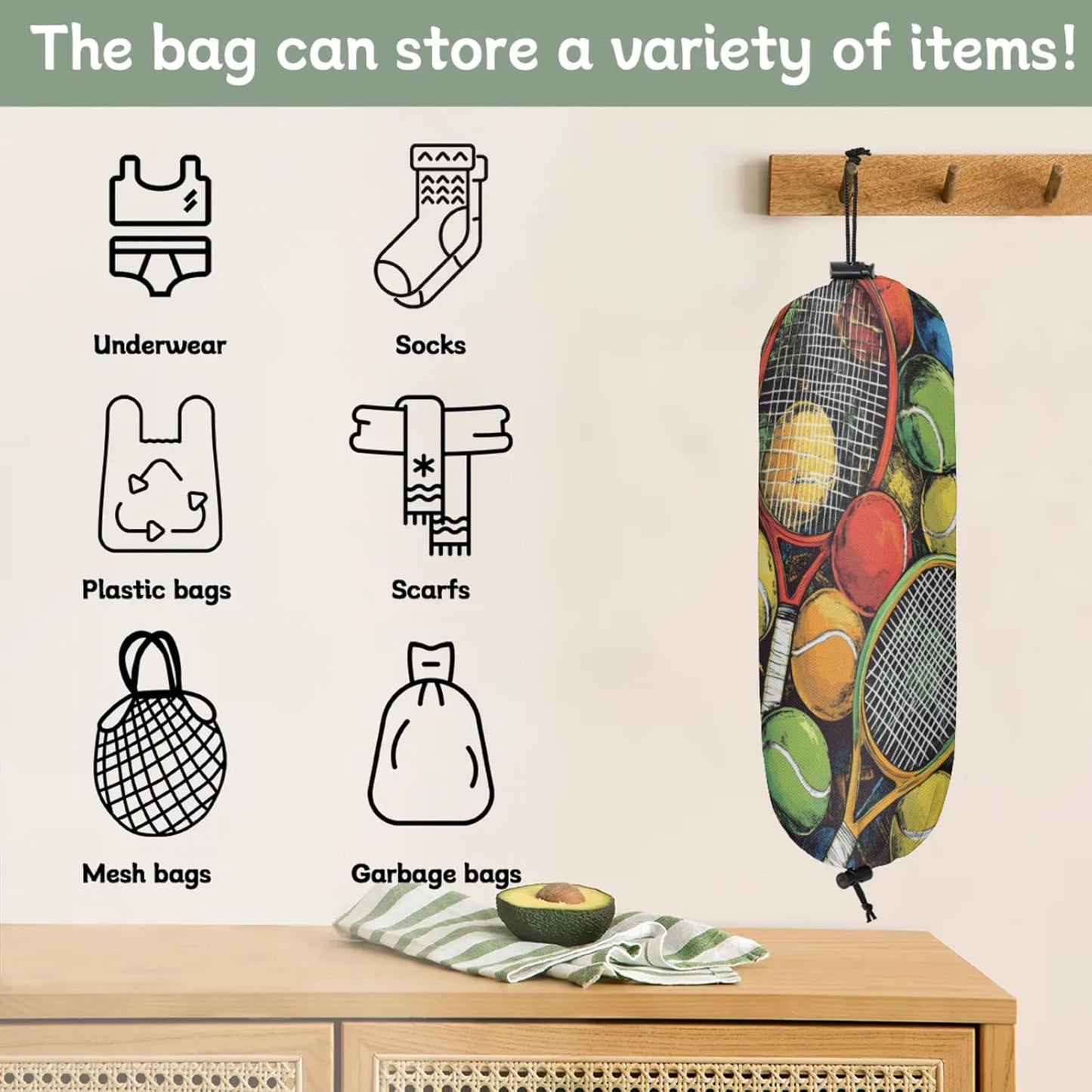 Sport Tennis Plastic Bag Holder 2 Pcs Grocery Bag Organizer Reusable Trash Bags Organizer Wall Mount Washable Kitchen Dispenser Holders with Drawstring Closure