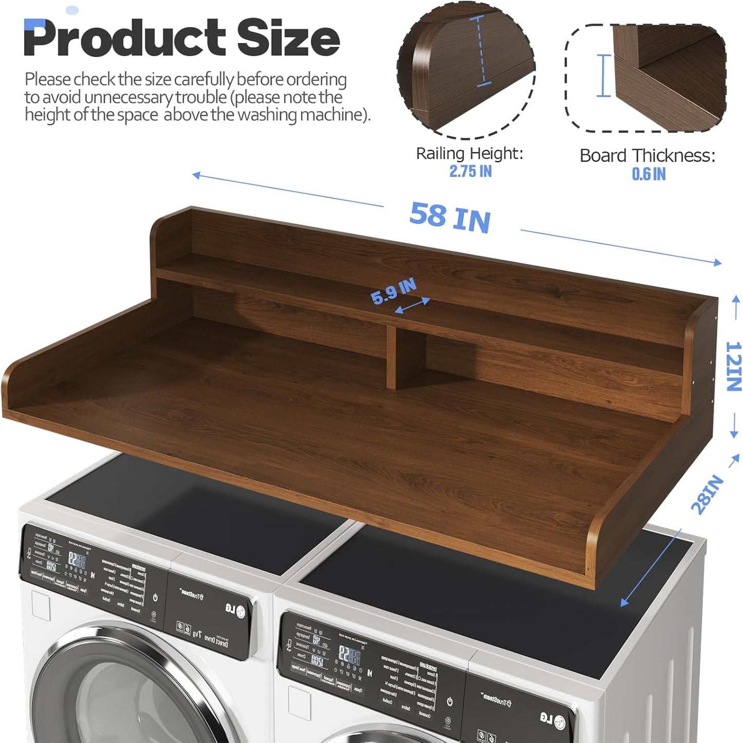 2-Tier Washer and Dryer Countertop with 2.75" H Guard,58" W x 28" D Laundry Countertop Cover with Non-Slip Pad,Large Space Laundry Topper for Folding Clothes Over Washer and Dryer-Brown