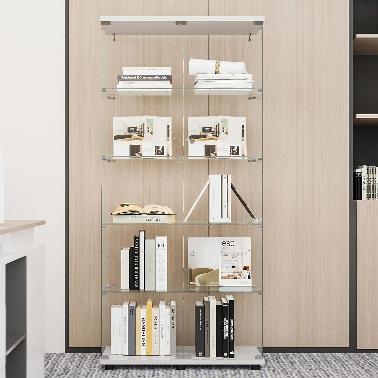 Beauty4U Glass Display Cabinet with 5 Shelves, Curio Cabinets for Living Room, Bedroom, Office, White Floor Standing Glass Bookshelf, Quick Installation
