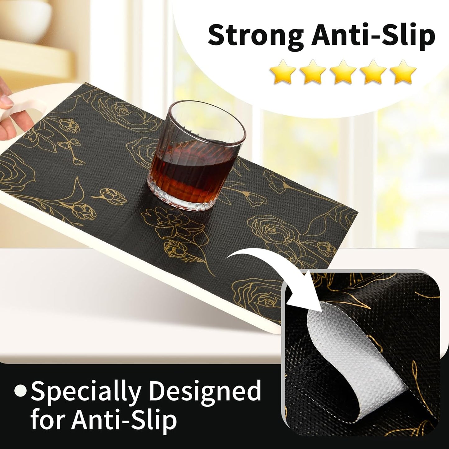 Shelf Liners for Kitchen Cabinets 17.5in x 30FT Non Adhesive Drawer Liner Black Floral Thickened Shelf Liner Paper Strong Non-Slip Easy to Clean for Tool Box Refrigerator with Knife and Tape Measure