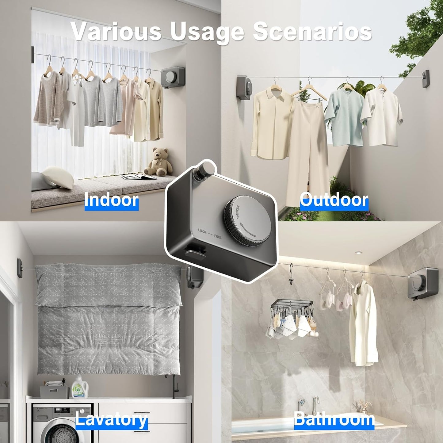 Retractable Clothesline Indoor, Non-Sagging Outdoor Clothes Line Retracting Heavy Duty Clothes Drying Laundry Line Wall Mounted Stainless Steel Line-13.8 Feets(Gray)