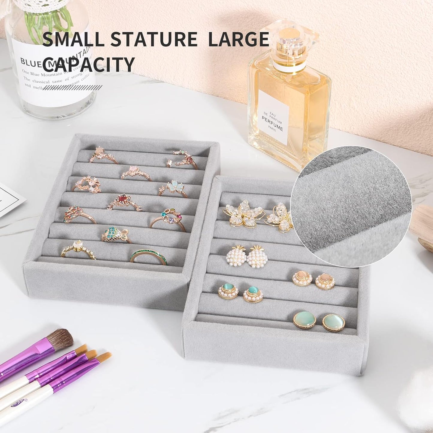 DesignSter Small Jewelry Tray, 2PCS Ring Organizer, Velvet Jewelry Display Tray, Stackable Jewelry Organizer Trays, Jewelry Drawer Organizer Inserts For Dresser, Jewelry Box (Gray)
