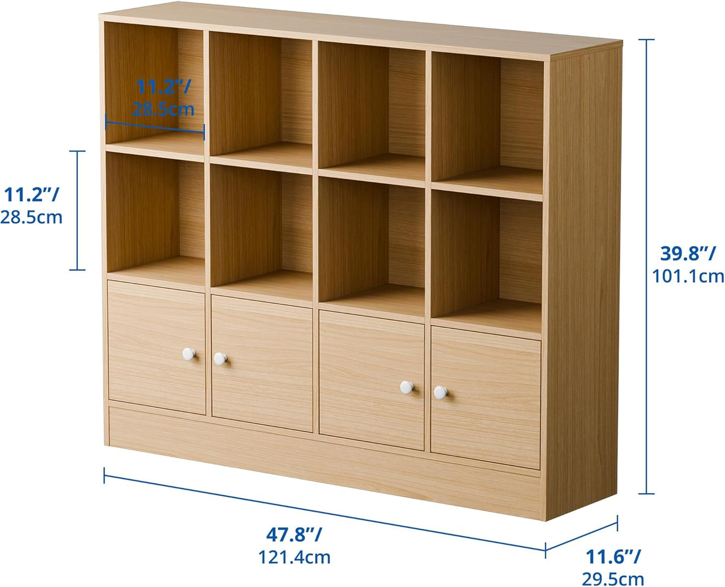 Cozy Castle Oak Wood Bookcase, 12 Cube Storage Organizer Shelf with 4 Doors, 3 Tier Storage Cabinet with Anti-Tilt Device for Bedroom, Living Room, Office