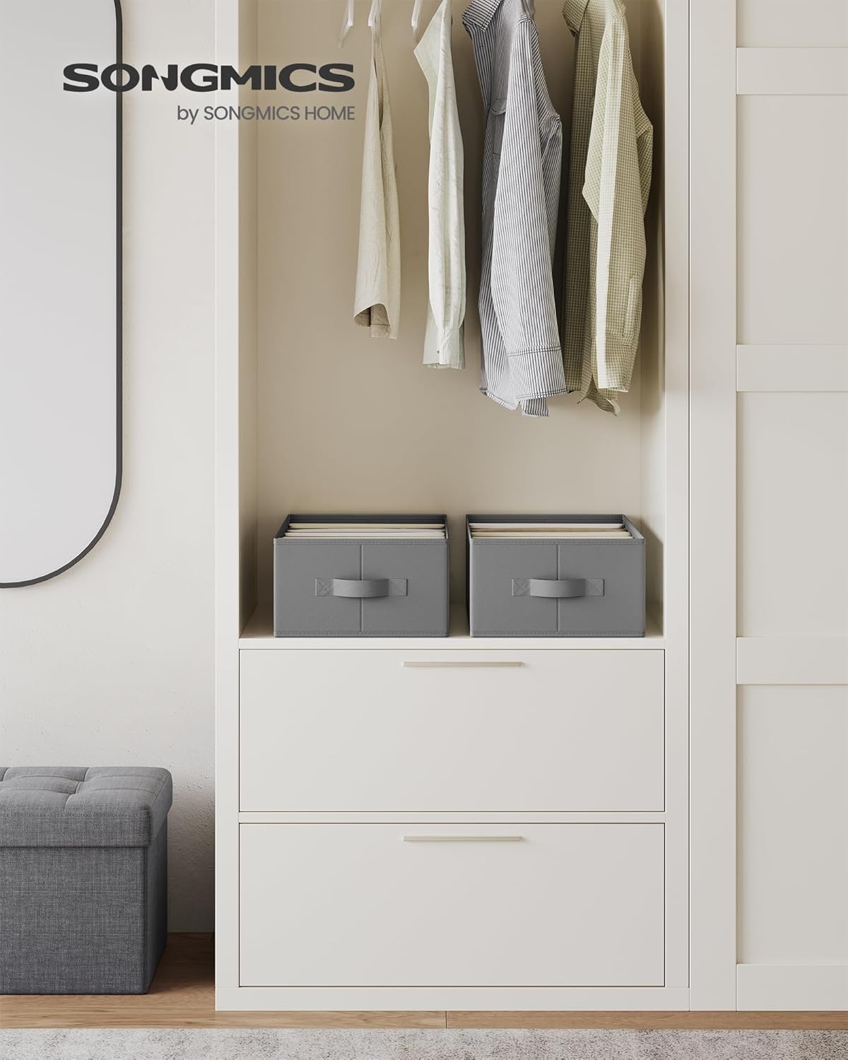 SONGMICS Set of 2 Large Size Wardrobe Clothes Organizers, 6-Compartment Foldable Drawer Organizers with Handles, 16.5 x 11.8 x 6.7 Inches, for Pants, Sweaters, Jeans, Dove Gray URUS009G02