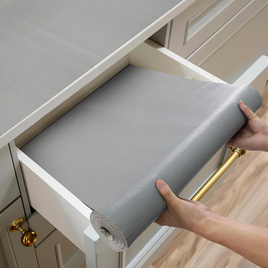 Shelf and Drawer Liner for Kitchen Cabinets Non-Adhesive, Strong Grip Non-Slip Thickened Cabinet Liners for Shelves, Waterproof Mats for Dresser Cupboard, Pure Gray, 23 in x 10 Feet