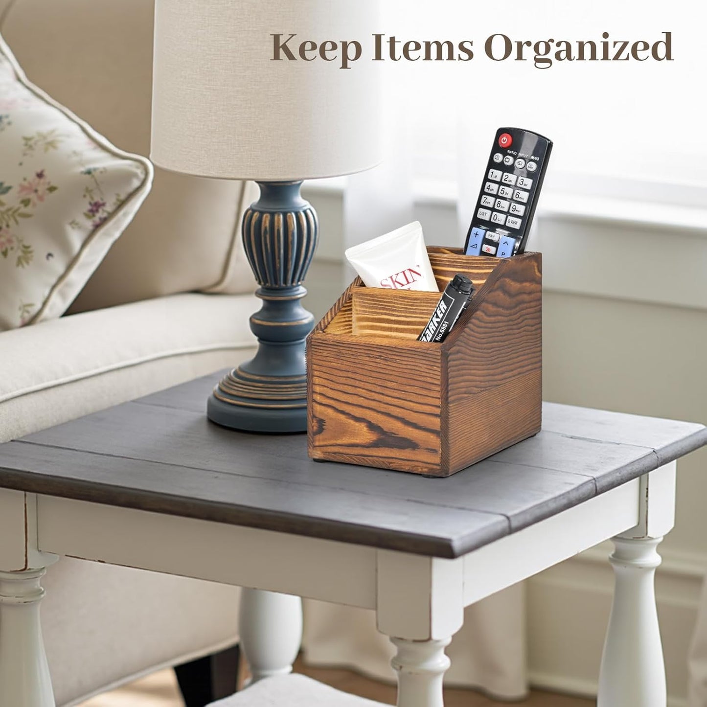 Wooden Remote Control Holder Organizer, 3 Compartment Storage Slots, TV Remote Holder for Table, TV Remote Media Remote Storage Box for Living Room (Brown)