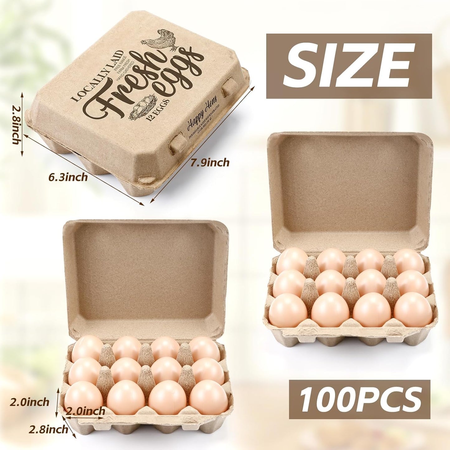 Zhanmai 100 Pack Egg Carton Bulk 12 Chicken Duck Egg Carton Vintage Printed Farm Fresh Crate with 3 x 4 Holds Recycled Paper Cardboard Sturdy Reusable Box Holder(Retro Style)