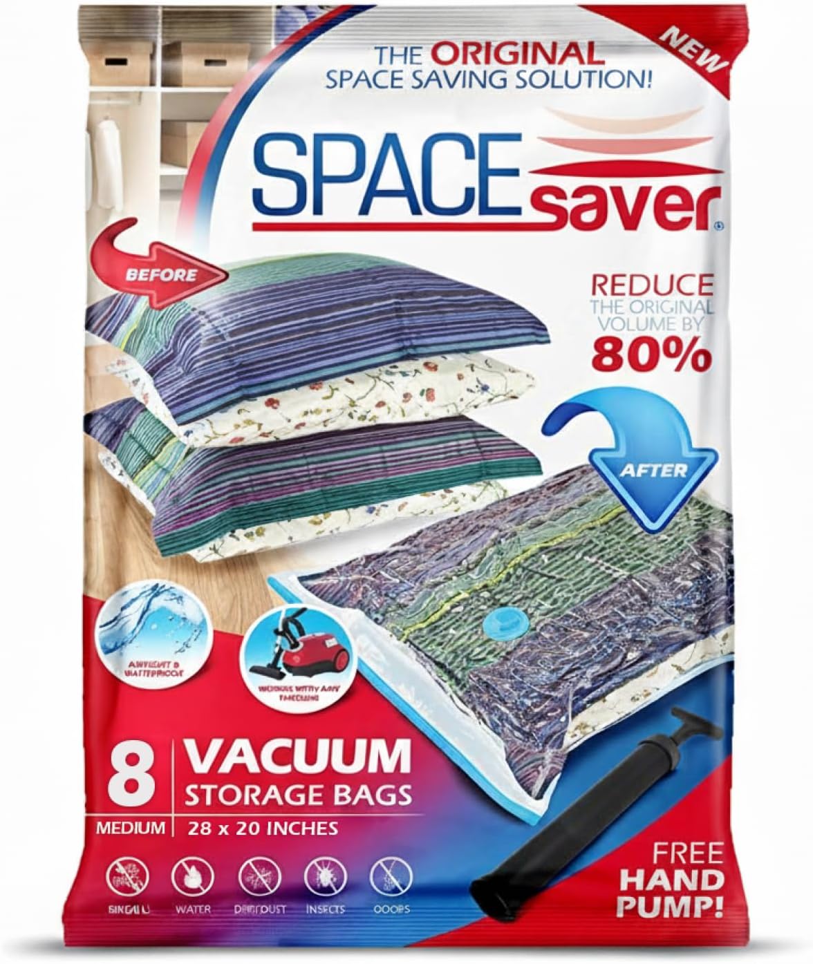 Spacesaver 8 Pack Medium Vacuum Storage Bags for Comforters, Blankets & Clothes – Vacuum Sealed Compression Bags with Hand Pump – Space Saver Storage Bags for Bedding, Moving, Travel & Organization