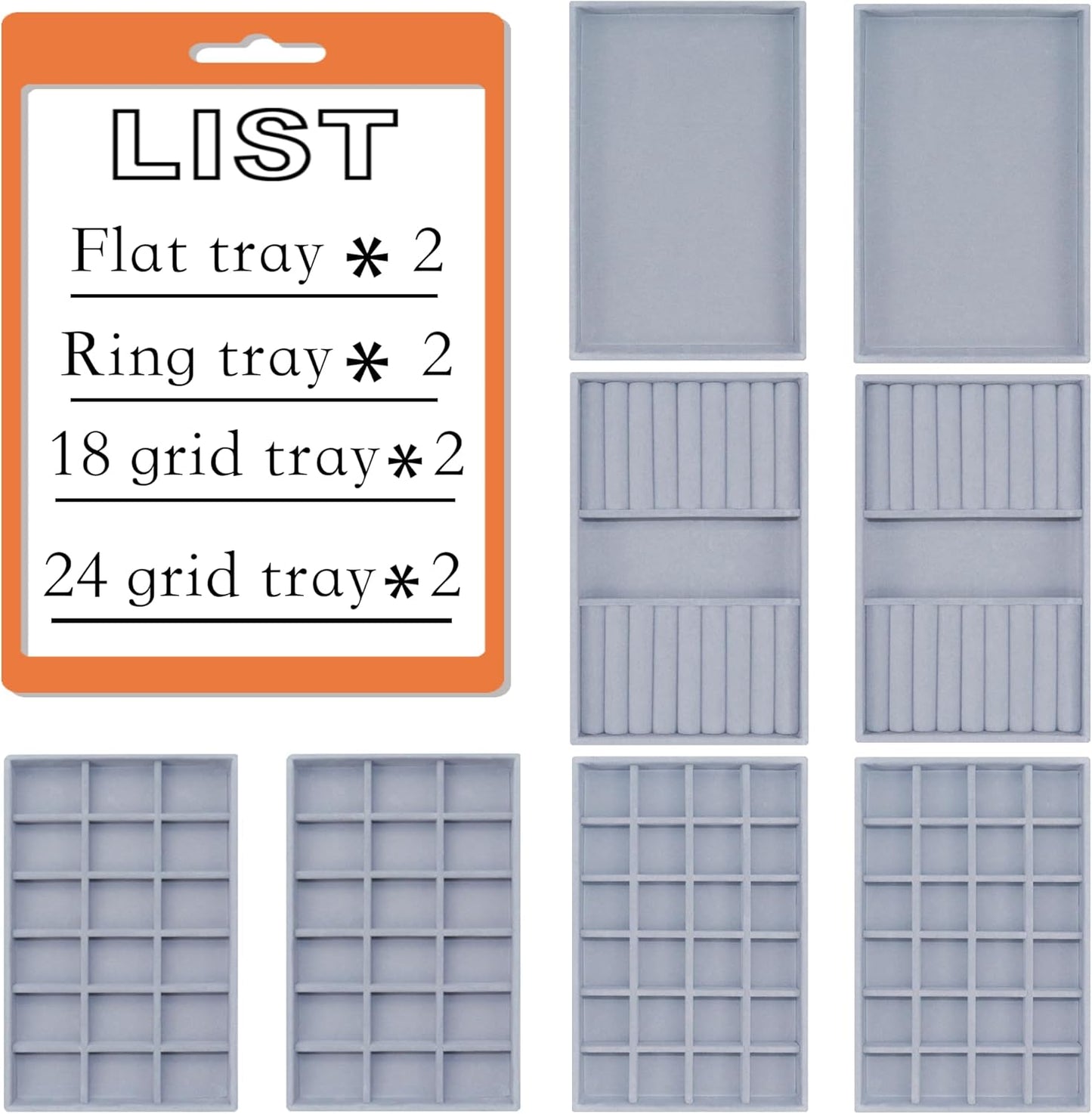 8 Pack Velvet Jewelry Trays X-Large Stackable Jewelry Drawer Organizer 8-Layer Jewellry Tray Set for Earrings, Necklaces, Rings,Bracelets with Removable Divider for Dresser & Vanity