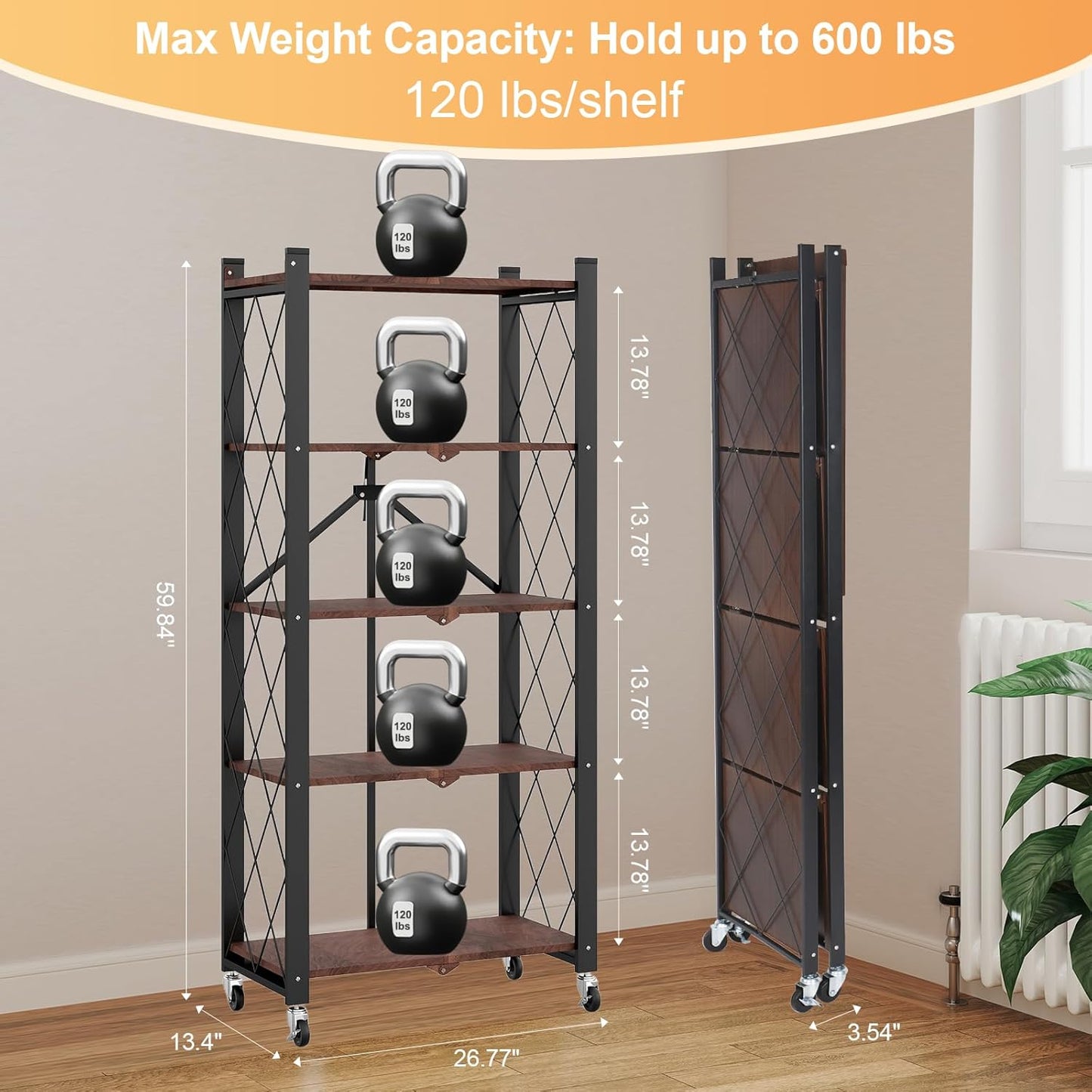 5-Tier Foldable Storage Shelves with Wheels, Folding Metal Shelf Unit, Folding Bookshelf no Assembly, Collapsible Shelves for Craft Shows for Kitchen, Bedroom, Living Room, Rustic Brown