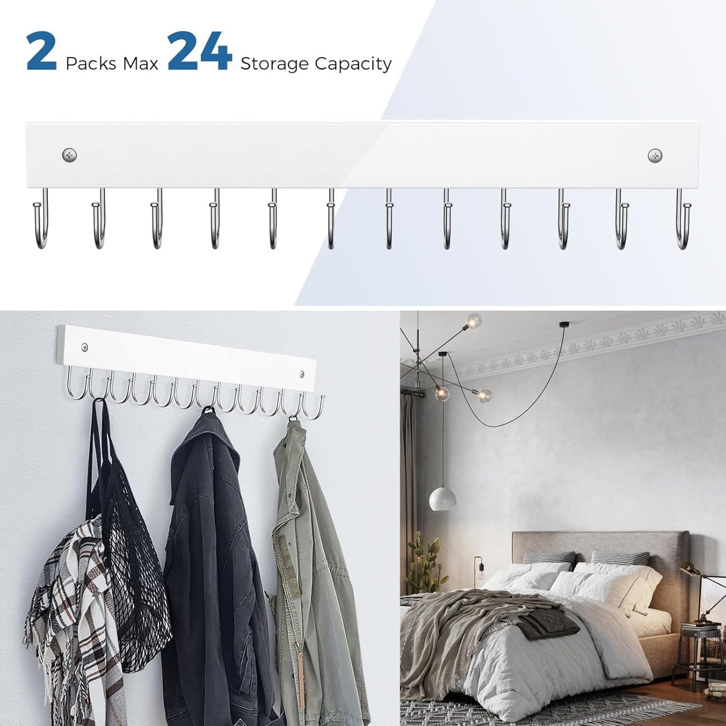 Belt Hanger Wall Mounted, Wooden Coat Rack Belt Organizer 2 Pack Max 24 Storage Capacity, 180° Rotating Space Saving Hangers for Ties, Tank Tops, Scarves, Bras, Keys, Bags White