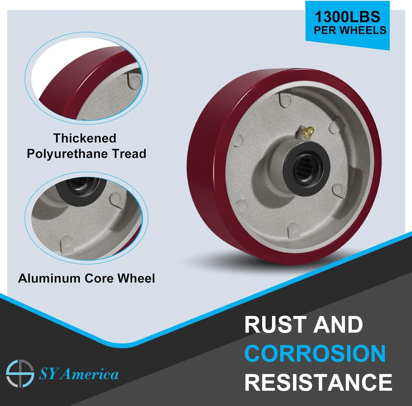 SY America 6" X 2" Casters Wheels,Heavy Duty Industrial Casters，Polyurethane on Aluminum Wheels,1 Swivel w/Top Lock Brake Casters,1300 LBS Load Capacity