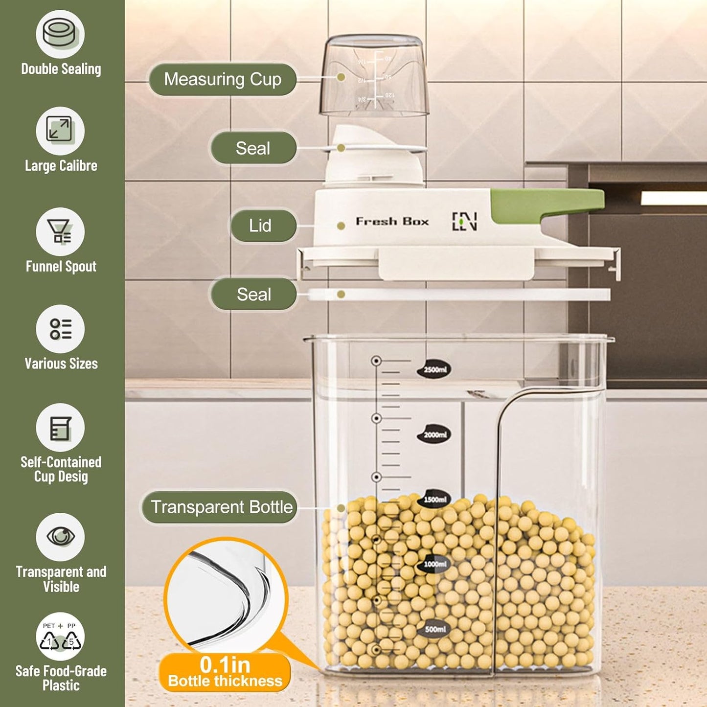 Cereal Storage Container 4Pack,61oz/1.8L Airtight Food Storage Containers With Lids,Organizers Storage With Measuring Cup for Beans,Sugar,Rice,Nuts,Snacks,Dog Cat Pet Food,Candy