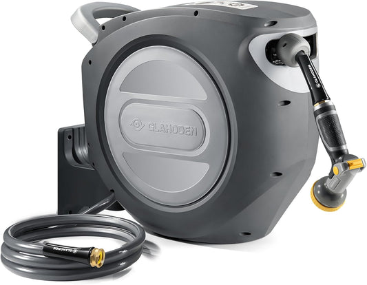 GLAHODEN Retractable Garden Hose Reel 1/2 in x 155 ft Upgraded UV Resistant Heavy Duty Automatic Hose Reel Metal Wall Mount 3/4 in Brass Fitting 9 Pattern Nozzle Any Length Lock Slow Retraction