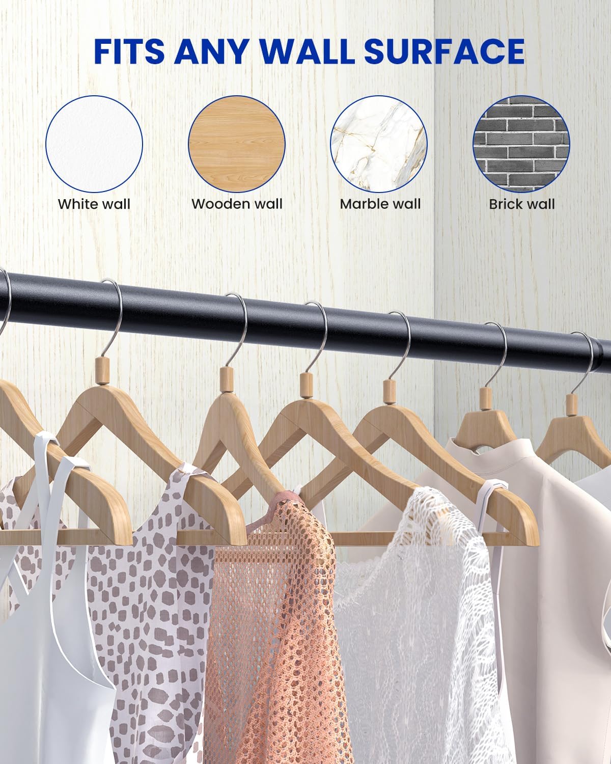 2 PACK Closet Rods for Hanging Clothes, 17 to 54 Inches Stepless Adjustable Metal Closet Rod, 1.3 Inches Heavy Duty Clothes Hanging Rod for Closet Wardrobes Laundry RV, Black