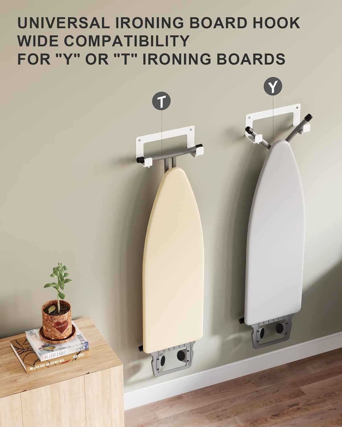 2PC Ironing Board Hanger Wall Mount Stainless Steel, Y T Leg Ironing Board Holder Wall Mount for Laundry Room, Iron Board Hooks for Wall Heavy Duty White
