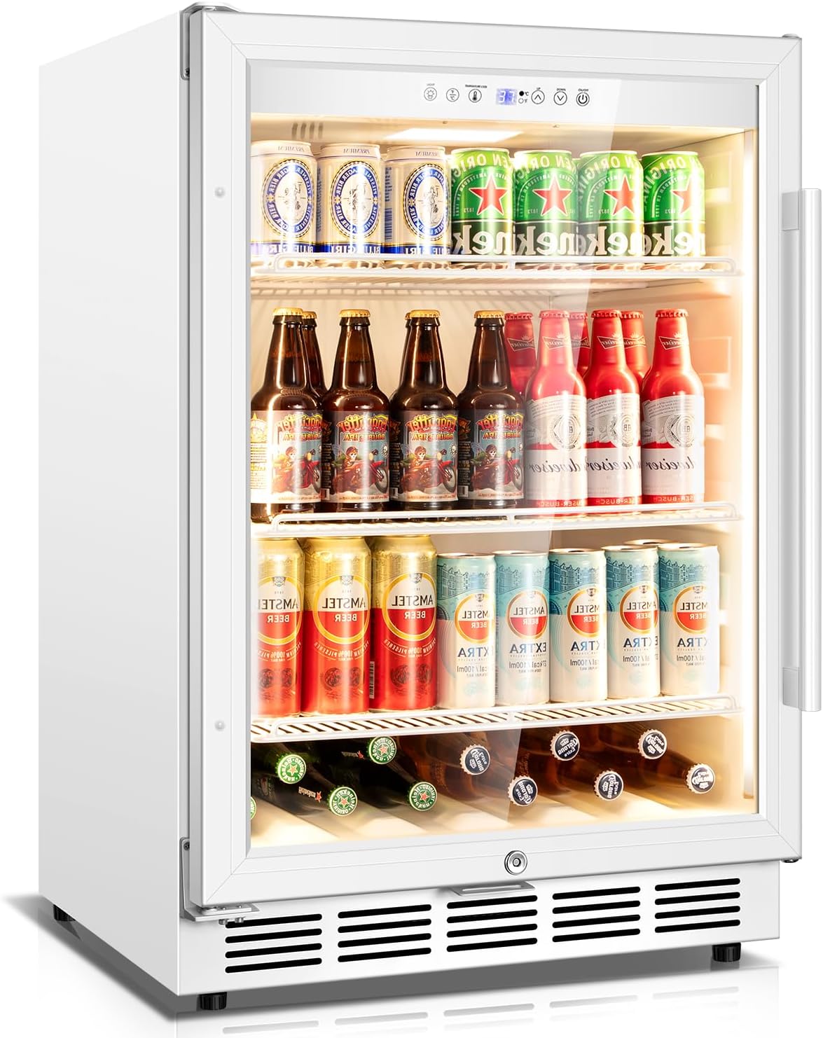 Beverage Refrigerator, 4.9 Cubic Feet Undercounter/Freestanding 24 Inch Beverage Fridge with Glass Door, LED Light, Safety Lock, Touch Control, Low Noise (White)