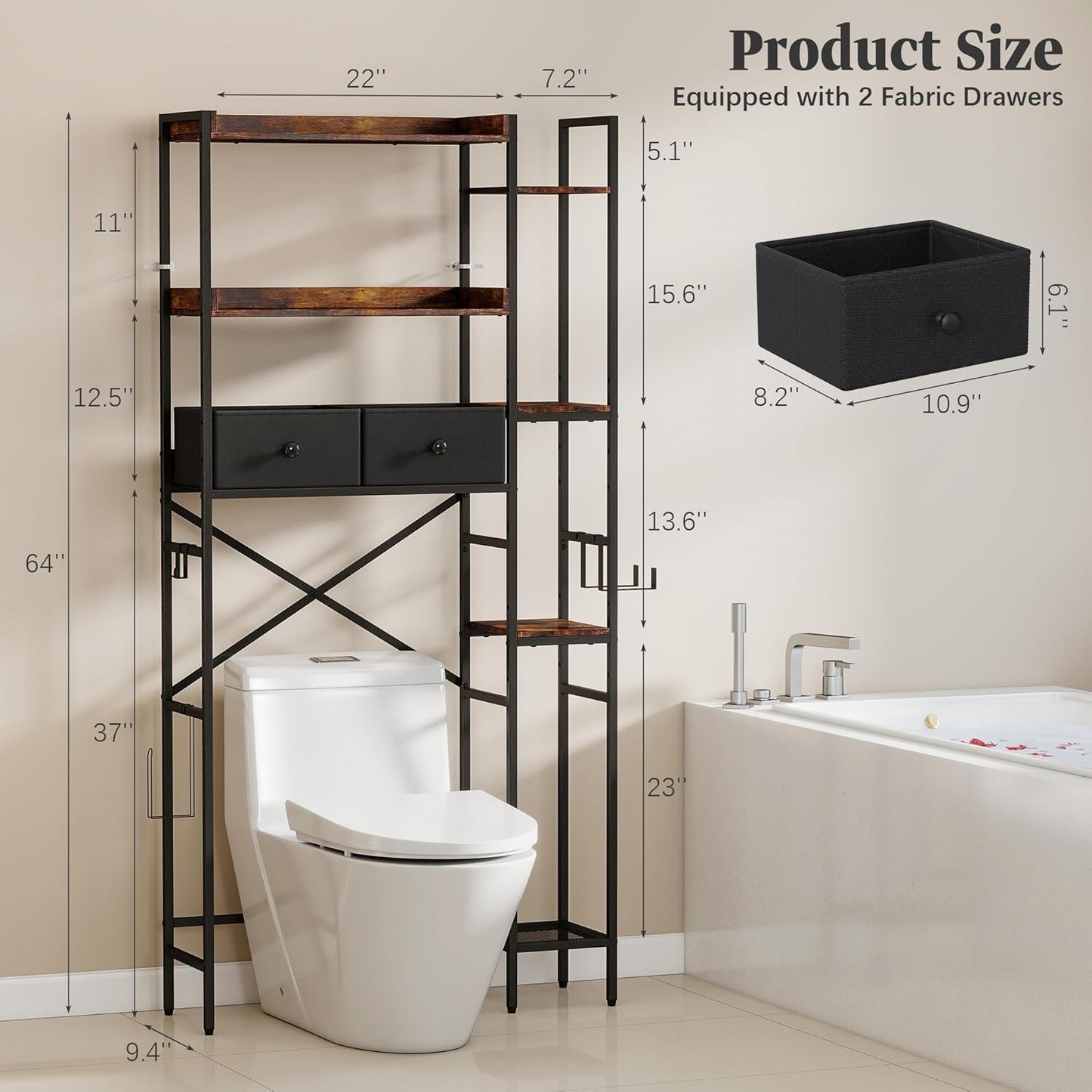 Over The Toilet Storage Shelf with Drawer, 3-Tier Above Toilet Bathroom Organizer with 4 Adjustable Side Shelves, Space Saver Freestanding Rack with Holder & Hook for Laundry Kitchen (Brown)