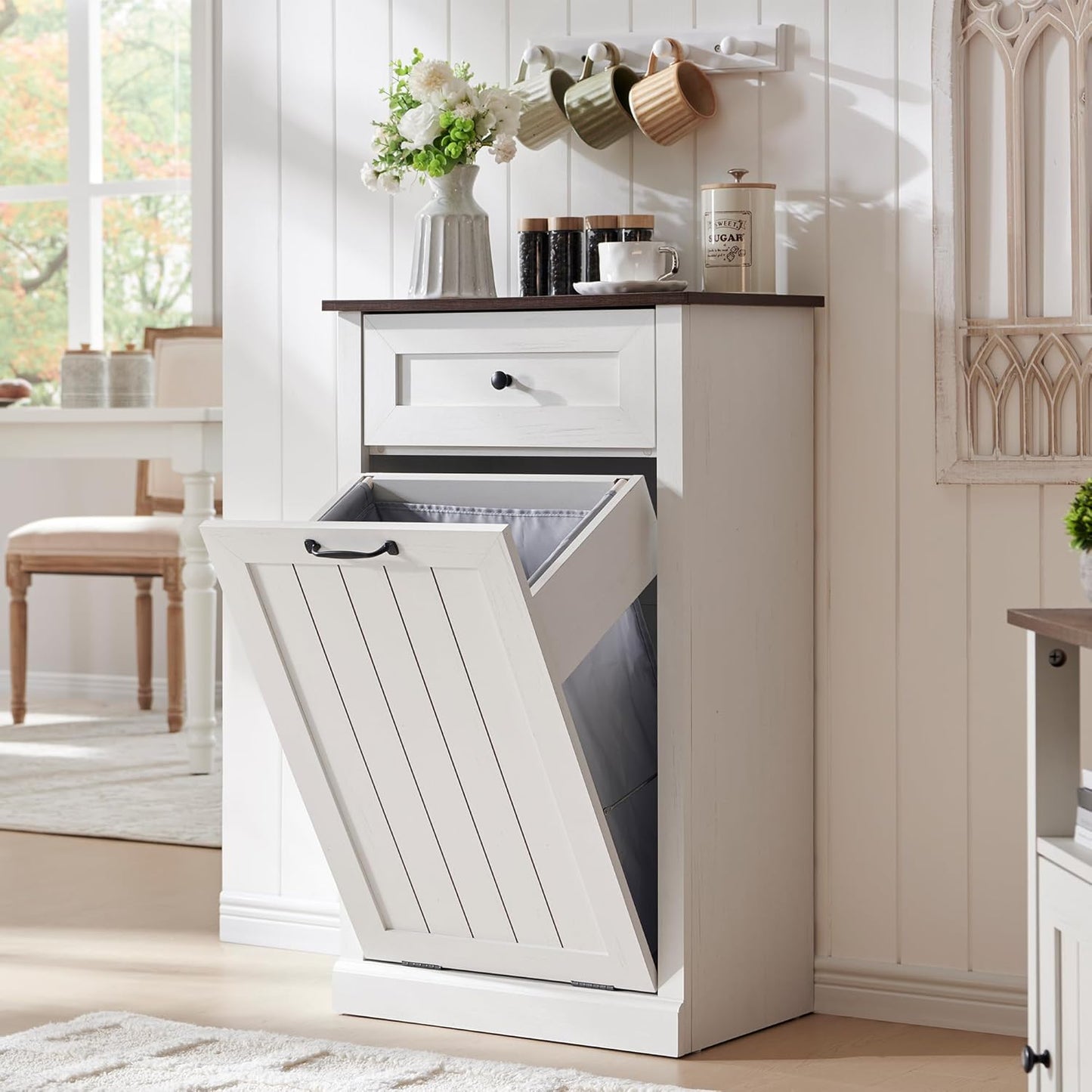 Tilt Out Trash Can Cabinet, 10 Gallon Farmhouse Laundry Hamper Cabinet with Drawer, Hidden Wooden Trash Garbage Can Bin with Storage Basket for Kitchen, Living Room (Antique White)
