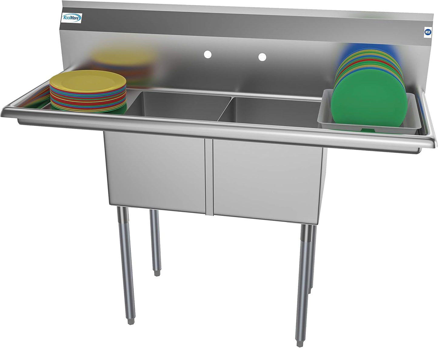KoolMore - SB141611-12B3 2 Compartment Stainless Steel NSF Commercial Kitchen Prep & Utility Sink with 2 Drainboards - Bowl Size 14" x 16" x 11", Silver