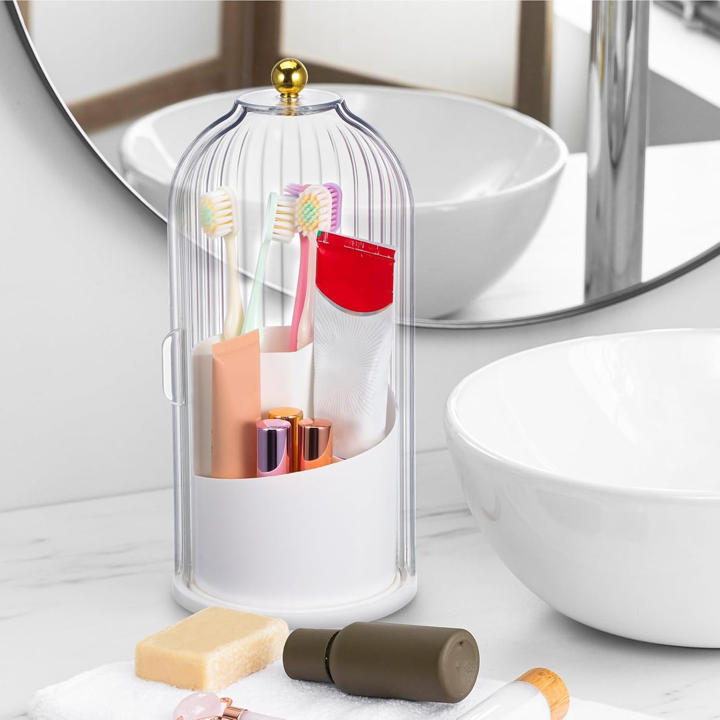 Rotating Makeup Brush Holder With Lid : Makeup Organizer For Vanity Dustproof Cosmetic Brush Organizer For Home Use, White, 9. 84 X 4. 92 X 4. 92 Inches