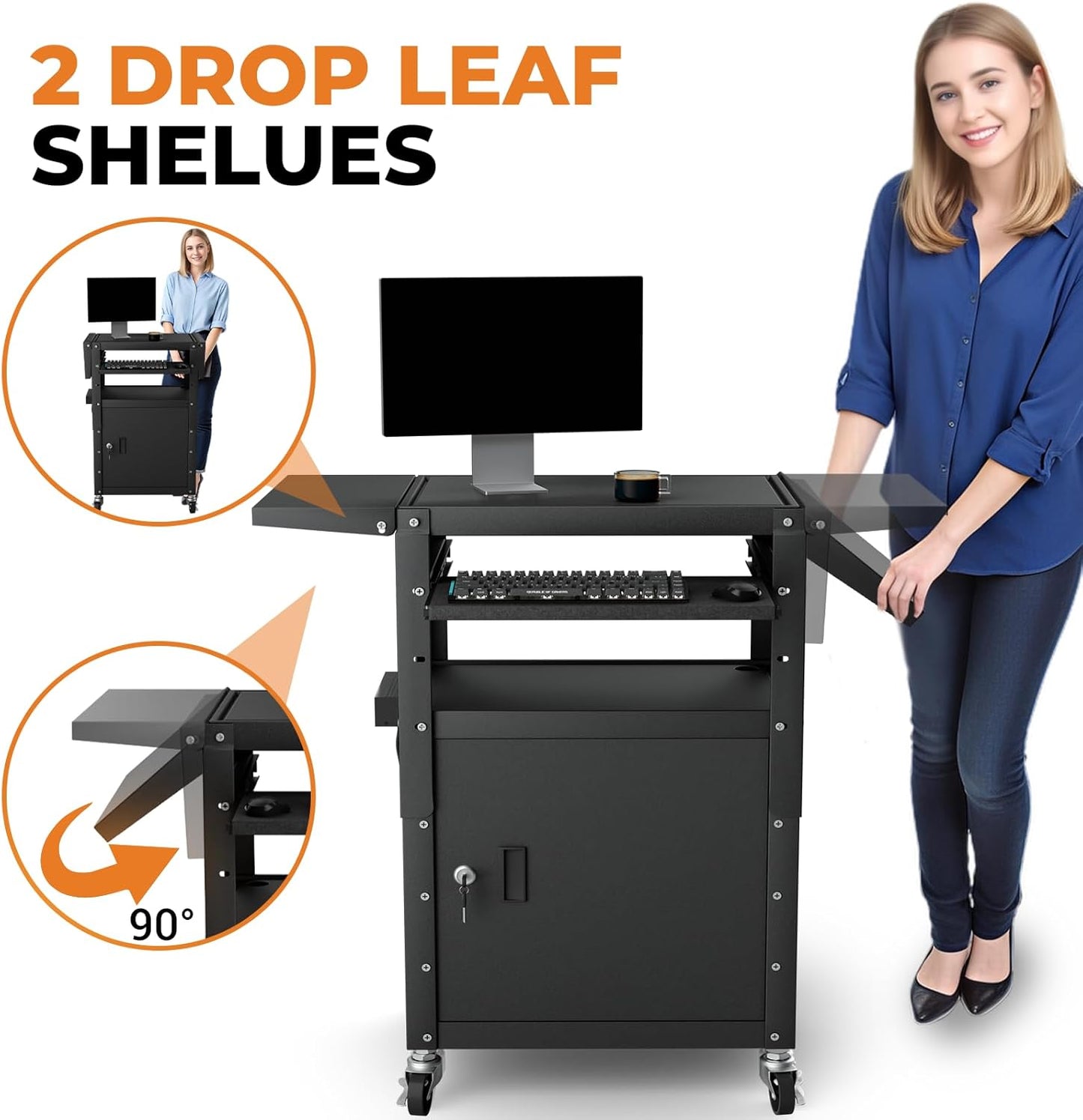 Mobile AV Cart with Pullout Keyboard Tray, Rolling Computer Cart Height Adjustable Rolling Media Utility Cart with Extra Storage Space, 4 Outlets, Perfect for Home or Office Use