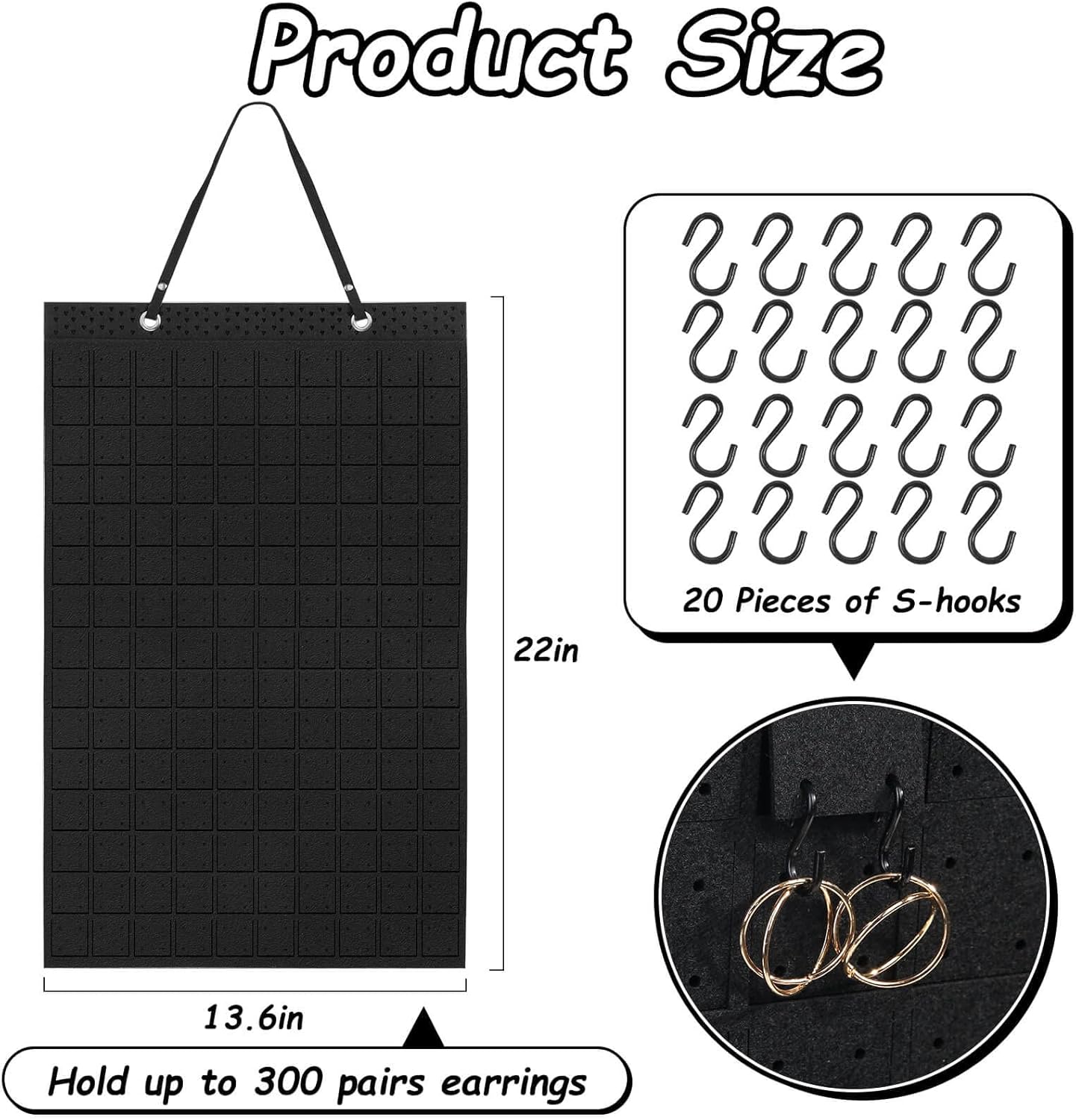 Caffox Hanging Earring Holder, Large Earring Organizer with 20Pcs Extra Hooks for Earrings, Necklaces, Bracelets, Jewelry and Sunglasses, Wall Earring Display for Home, Holds Up To 300 Pairs