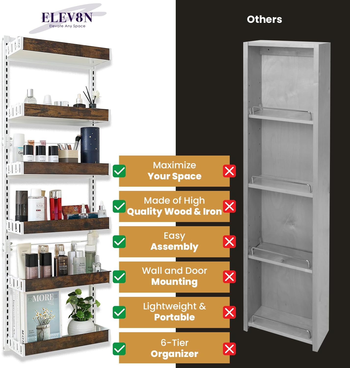 Over-The-Door Organizer – 6-Tier Wooden Pantry Storage Shelf with 12 Hooks, Wall-Mount or Hanging Spice Rack for Kitchen, Bathroom, or Closet