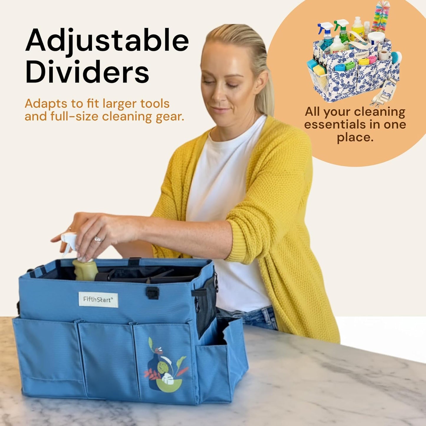 FifthStart Multiuse Large Blue Floral Diaper Caddy with Waist, Shoulder Strap, 9 Pockets, Mesh Base, and Adjustable Compartments