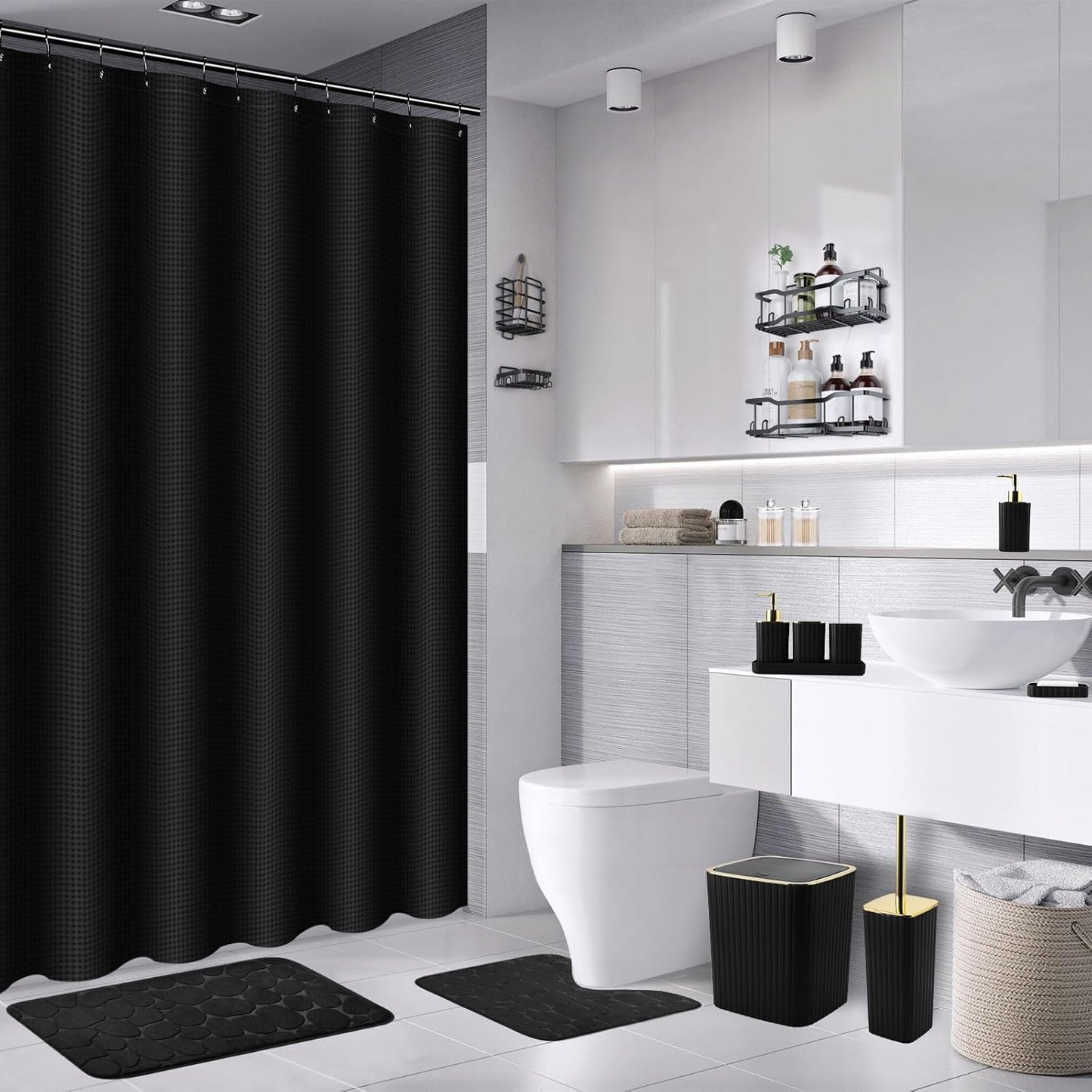 30PC Bathroom Accessories Set - Gorgeous Black Bathroom Set, Bathroom Accessory Set, Black Shower Curtain Set with Shower Caddies