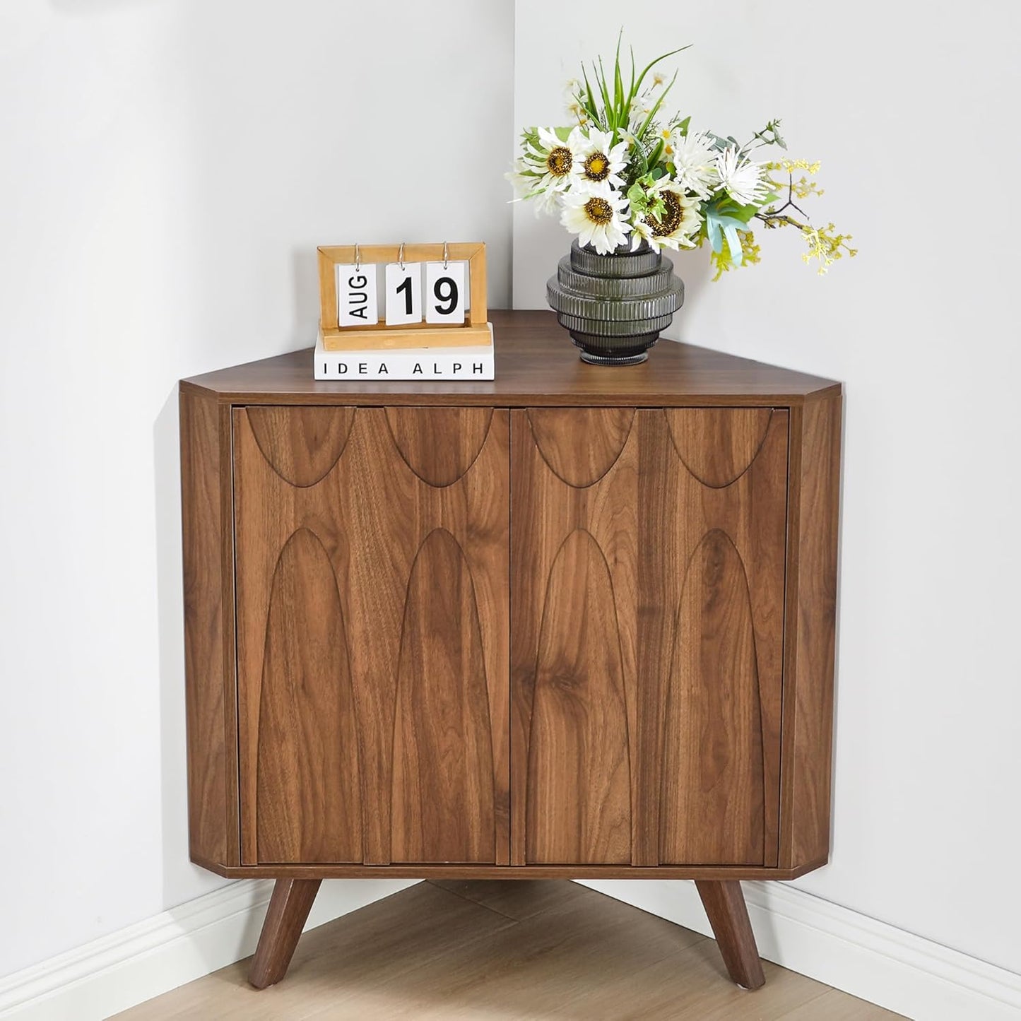 Small Corner Cabinet,Corner Floor Cabinet with Adjustable Doors and Shelve, Freestanding Narrow Storage Organizer for Kitchen Living Room Bathroom (Walnut)