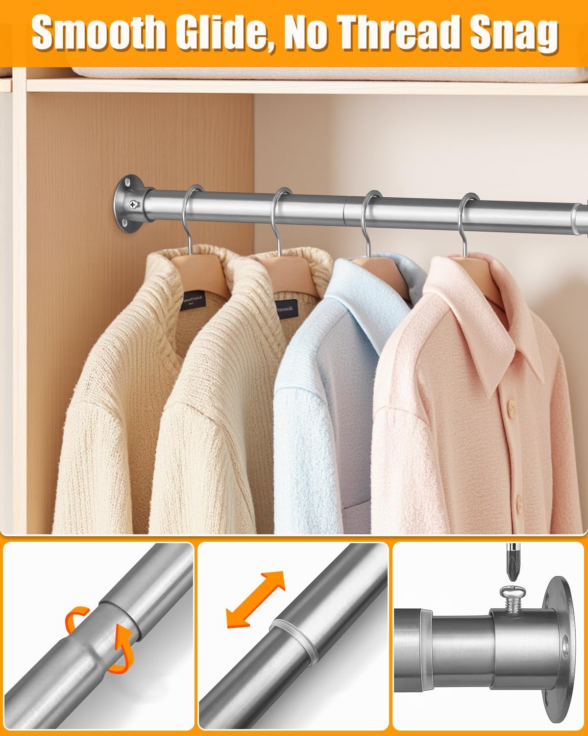 Closet Rods for Hanging Clothes, 17-64 Inch Heavy Duty and Stepless Adjustable Closet Poles, Stainless Steel Closet Hanging Rod for Closet, Wardrobes, Laundry Room, Bathroom, RV (Silver)