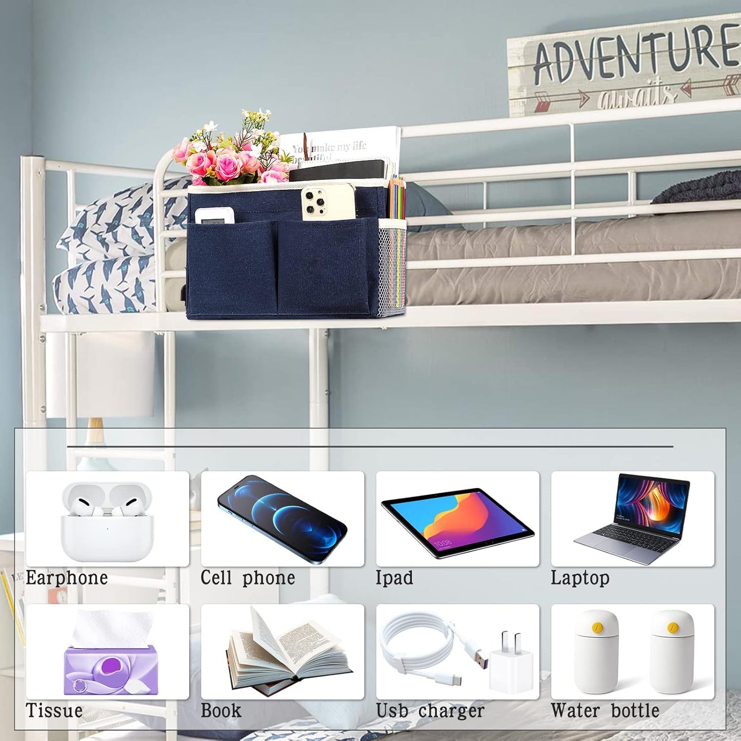 Bedside Caddy Bedside Storage Organizer Hanging Bunk Bed Dorm Room with Side Pockets for Water Bottles, Books, Cell Phones, Headphones (Dark Blue)
