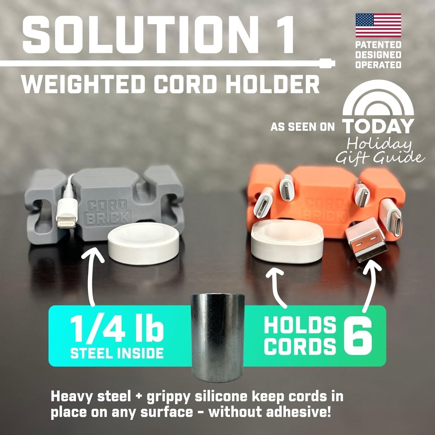 CordBrick Stocking Stuffers for Adults Cord Management Weighted Cord Holder Cable Wrap Phone Stand - Multiuse Gadget Organizer for Nightstand, Desk. Gift for Men, Durable Silicone. Coral