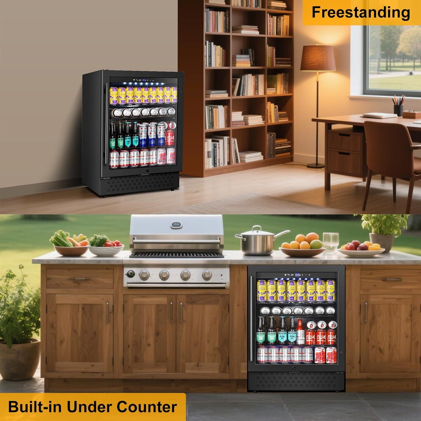 Beverage Refrigerator 24 Inch 200 Can Drink Fridge with Glass Door, Under Counter/Freestanding Beverage Cooler with Temperature Control, Reversible Door, Quick Cooling for Beer Soda Wine, Black