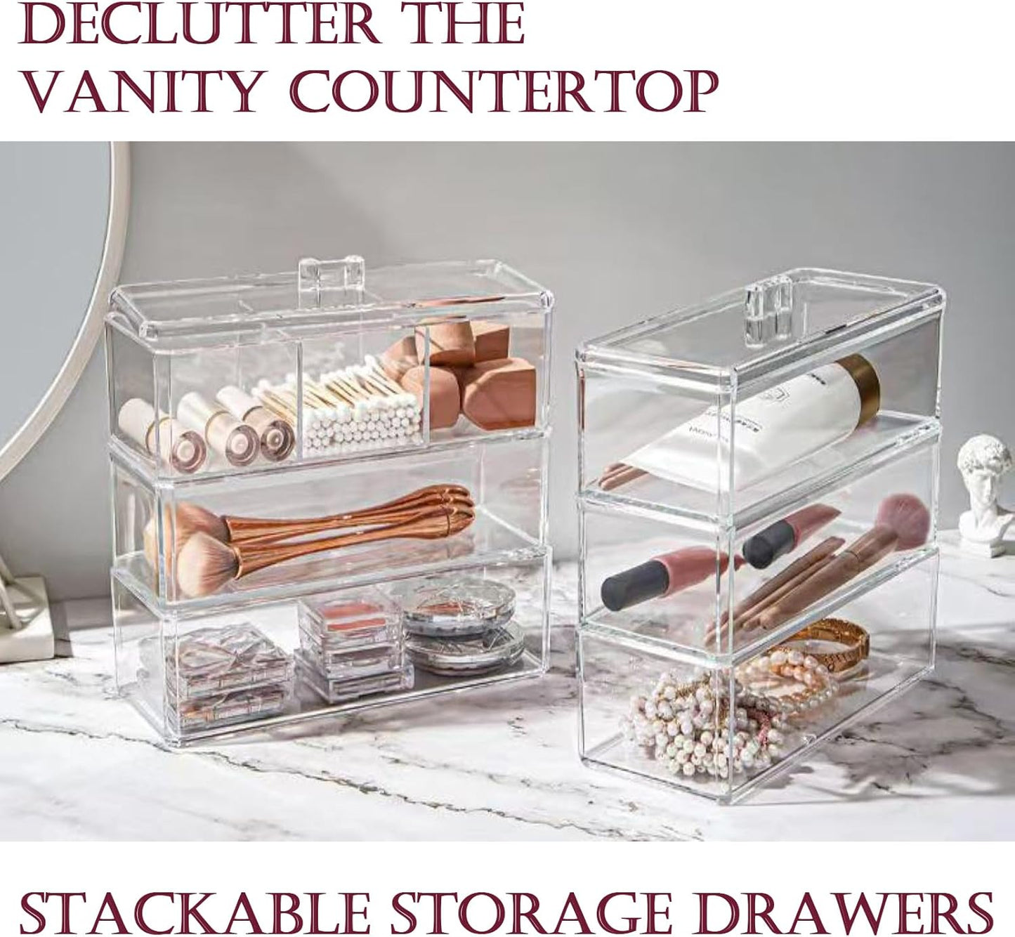 Hair Accessories Organizer for Girls - 2-Pack Clear Acrylic Stackable Drawers with Lids, Bathroom Vanity Storage for Clips, Scrunchies, Bobby Pins, Kids’ Bedroom & Dorm Organizer
