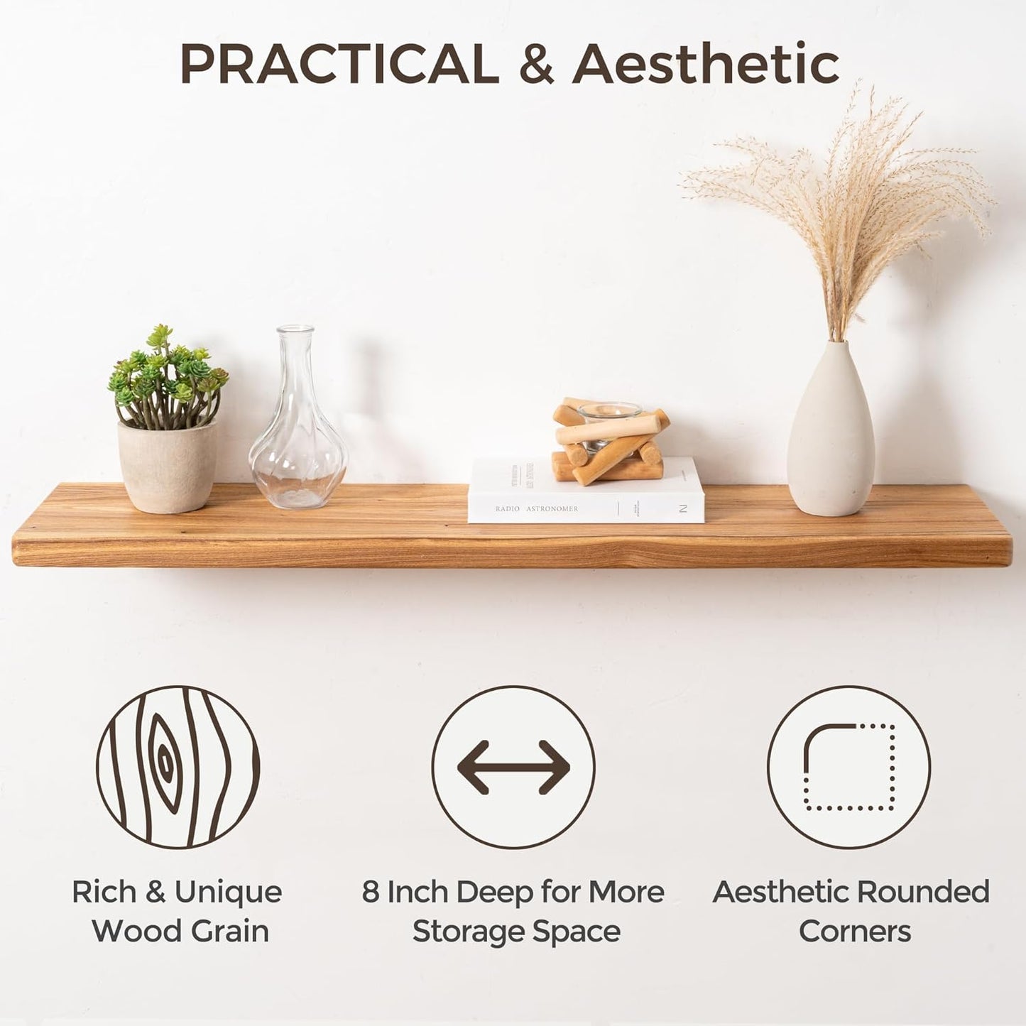 Floating Shelves 40"W x 8"D, Solid Elm Wood Shelves for Wall, 8 Inch Deep Floating Shelves for Home Storage & Display, Rustic Wooden Bathroom Shelves 40 Inch Long, Set of 2, Heavy-Duty Bookshelf
