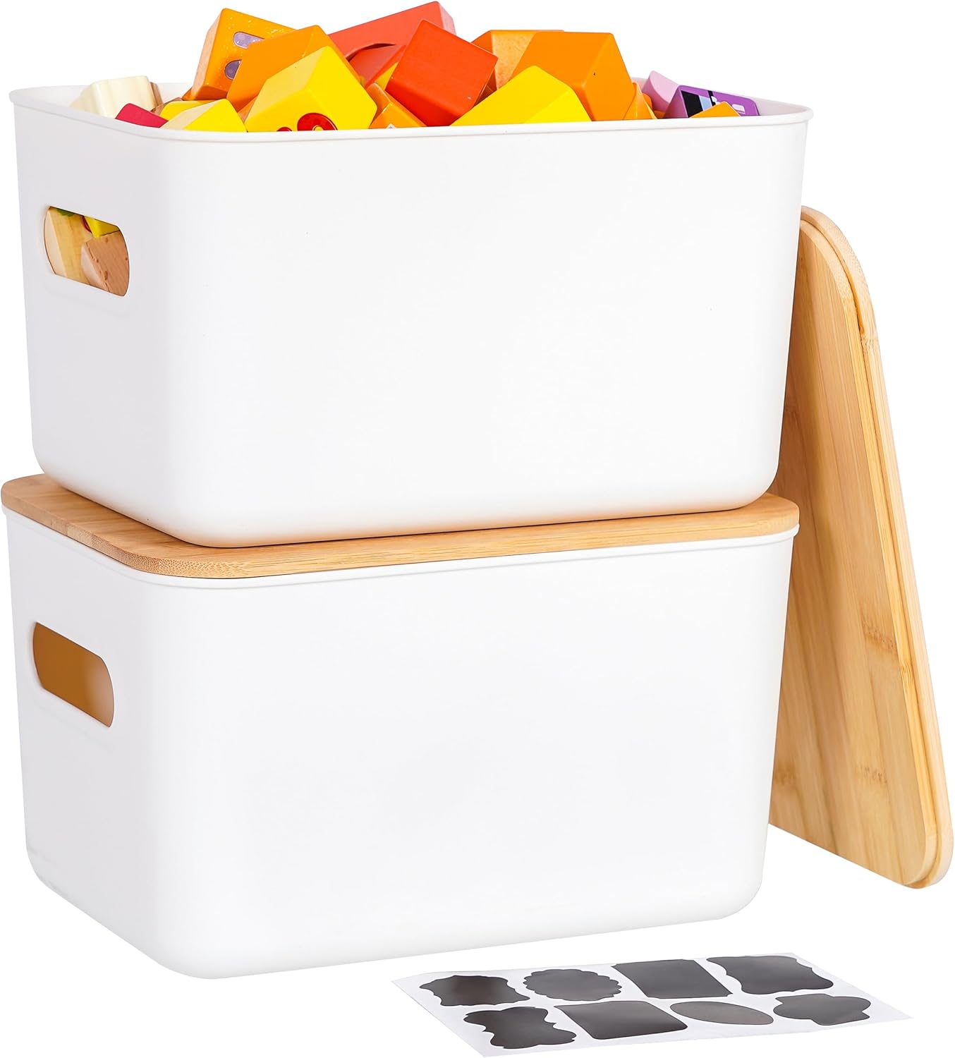 Citylife 2 PCS Storage Bins with Bamboo Lids Plastic Storage Containers for Organizing Stackable Storage Box with Handle, 10.23 x 7.08 x 6.3 inch