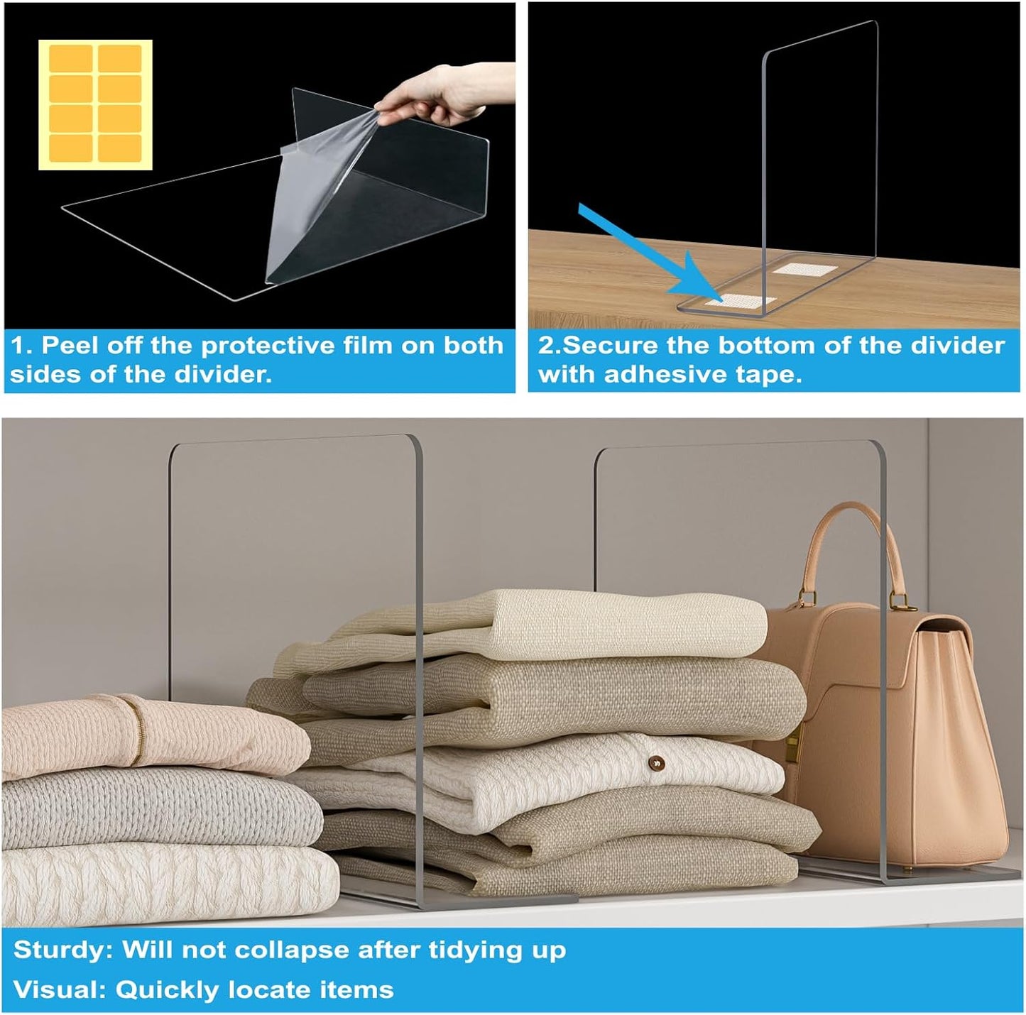 OKPOW Shelf Dividers Closet Organizer - 12" Tall X 9" Deep Acrylic Clear Sturdy Separate for Clothes Purse - Adjustable Space Saver Easy Install for Home Organization Enthusiasts 8 Pack