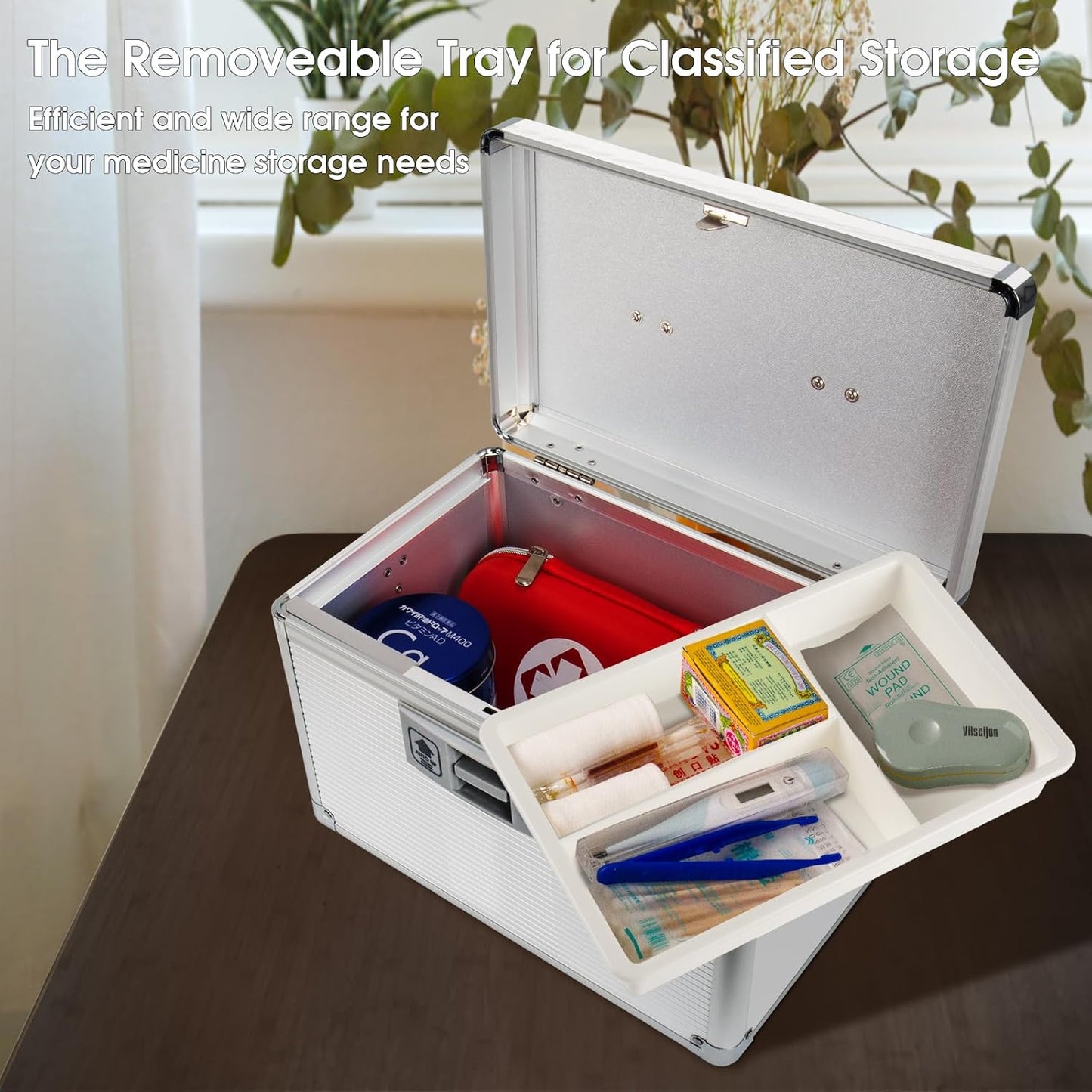 Medicine Lock Box with Key, Alluminum Alloy Box for Medication,First Aid Box with a Removeable Tray to Store Medicines & Pills for Home,Silver 10 * 6.89 * 6.89 Inch