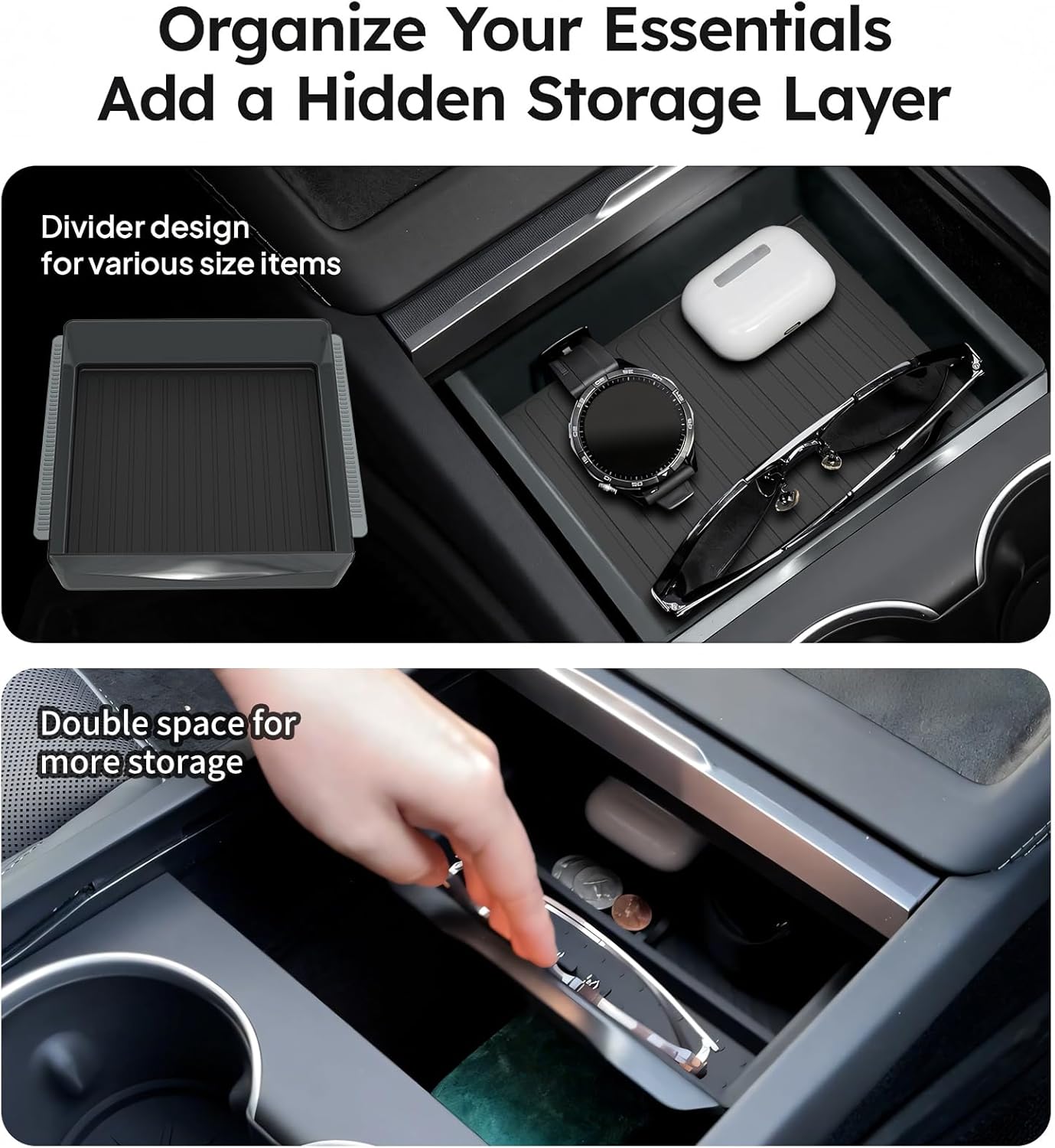 4PCS Upgraded Tesla Model Y Juniper (2025–2026) Accessories & Tesla Model 3 (2025 Highland) Accessories Center Console Organizer, Hidden Storage Box, Cup Holder, and Armrest Drawer Organizer